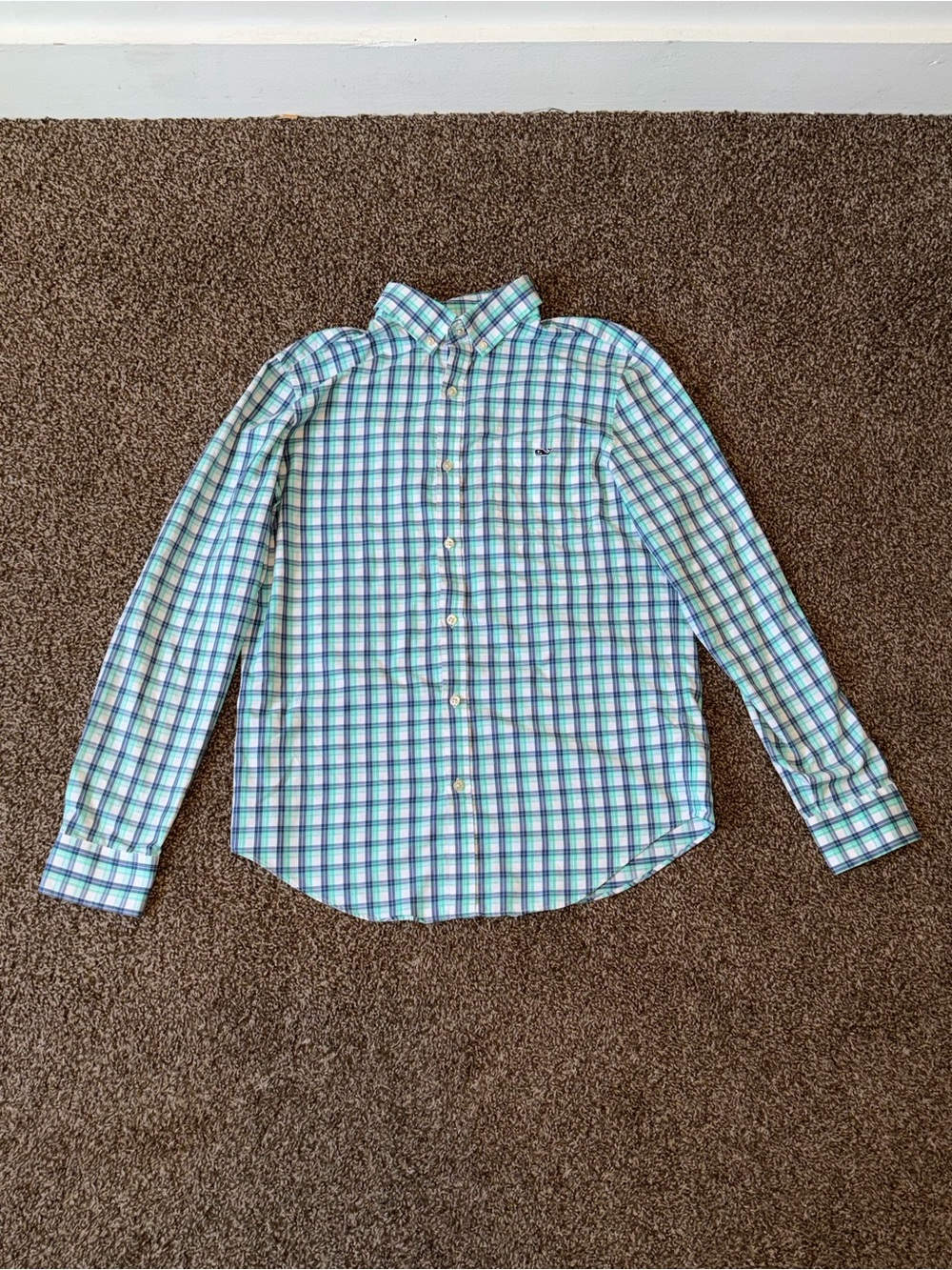 Vineyard Vines Men’s Slim Fit Green and Blue Plaid Button-Down Shirt